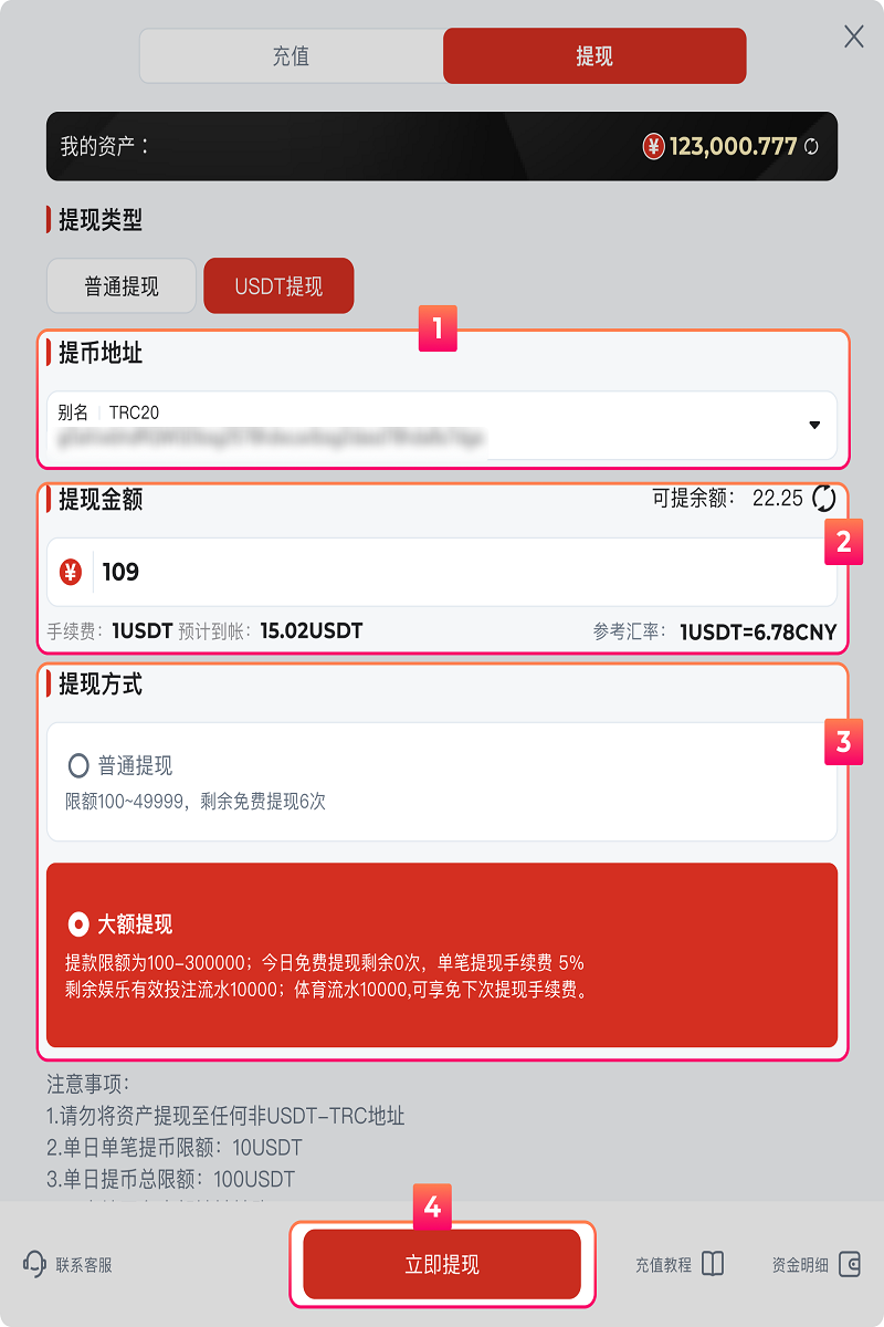 东升国际体育提款教程 3 USDT提款页面